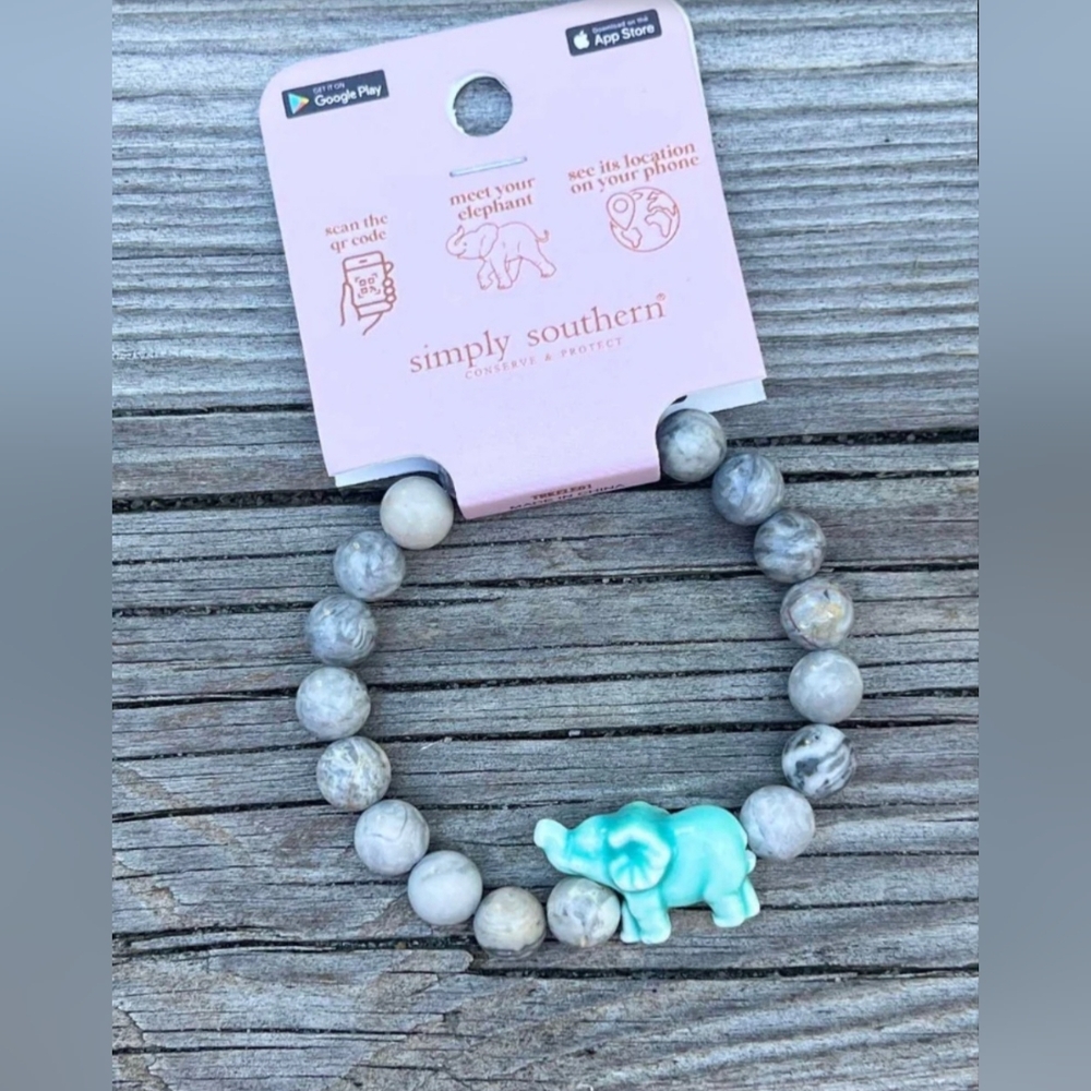 Simply Southern Marbled Gray Beaded Elephant Tracker Bracelet, Blue Elephant NWT